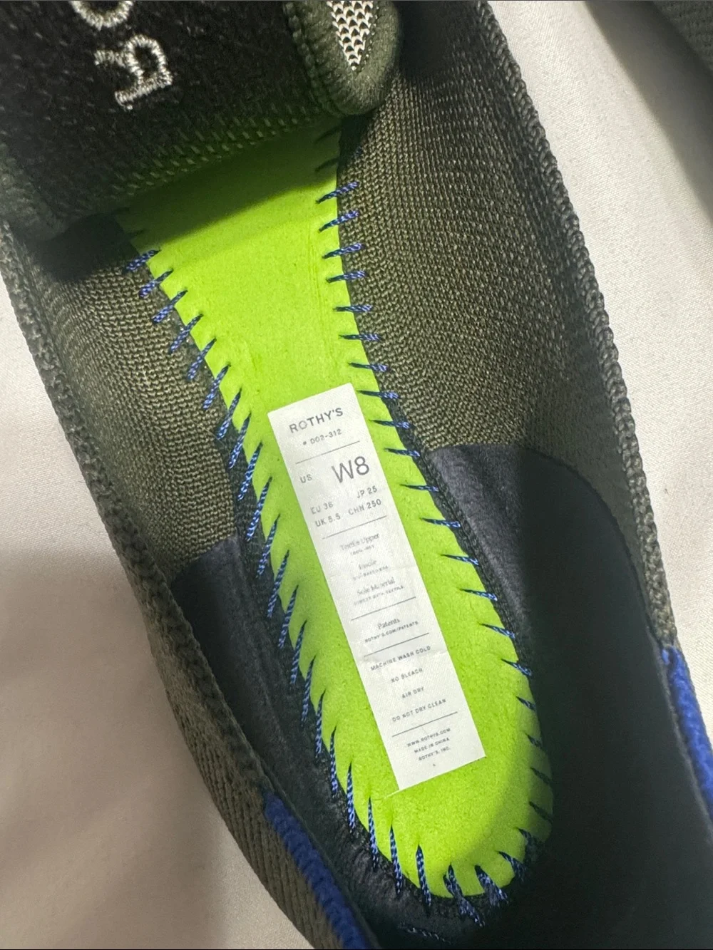 Rothy's Olive Green Pointed-Toe Knit Flats with Blue Trim